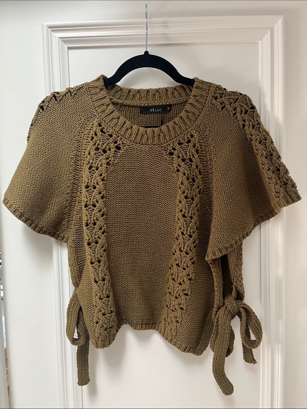 Deluc Olive Knit Sweater Tee with Side Tie & crochet Details